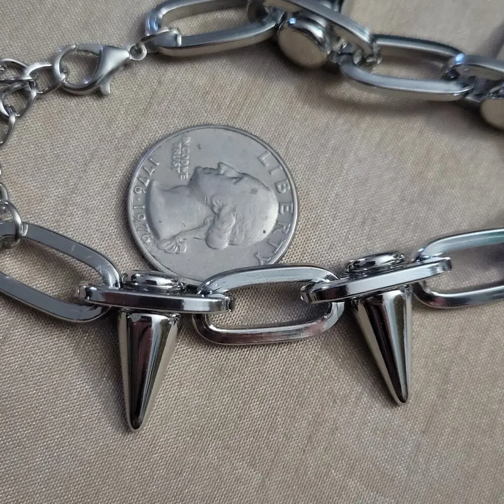 Chunky spiked silver tone adjustable bracelet